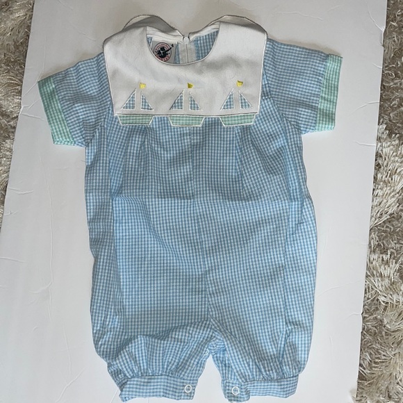 Good Lad Bottoms Vintage Baby Boy Seersucker Sailboat Romper Size 8 good-lad-bottoms-vintage-baby-boy-seersucker-sailboat-romper-size-8